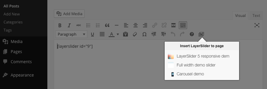 Inserting the slider via the shortcode tool