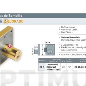 CERRADURA SOBREPONER MUEBLE BOMBILLO 19 MM